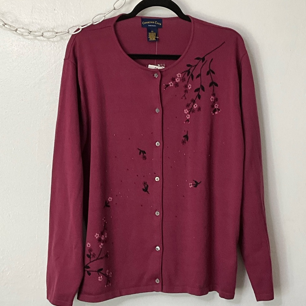 Charter Club Berry Floral Embroidered Cardigan